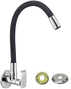 Jagger Siya Handle Brass Black Color Flexible Sink tap for Kitchen Sink, Black Flexible Kitchen tap with Silicone Swivel Spout Chrome Finish (with Teflon Tape and Flange)