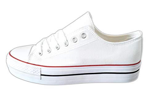 Zapatillas Blancas Mujer con Plataforma Deportivas Canvas de Lona Sin Marca Ni Logotipos, Suela Doble Blanco T.38