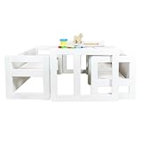 3 in 1 Multifunktionale Kindermöbel im Vierer Set Bestehend Aus einem Multifunktionalen Kindertisch oder Kindersitzbank und einer Multifunktionaler Kindersitzbank und zwei Multifunktionale Kinderstühle oder ein Multifunktionales Nest von vier Couch- Beistelltischen für Erwachsene, aus Massivem Buchenholz Weiß Lackiert - 6