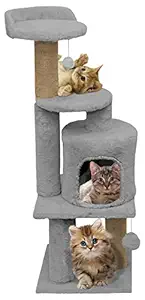 Mellifluous Soft Fur Activity Scratching Post / Cat Tree for Kittens & Cats - Natural Sisal Rope Triple Platform Tower (Grey)