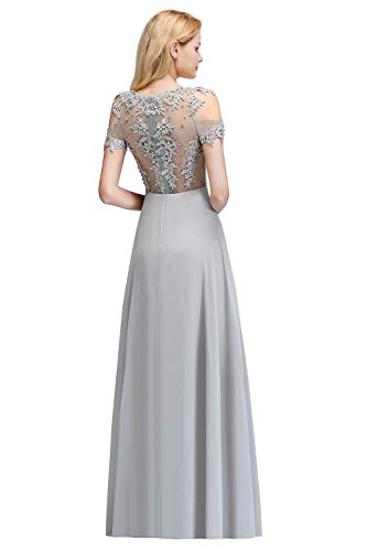 MisShow Robe de Soirée Demoiselle d'honneur Longue Vintage avec Appliques Bustier Ajourée Dos Fleurie en Mousseline Gris 40