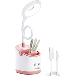 Lampe de Bureau LED avec Veilleuse Lampe de Table Lampe de Chevet Enfant Lampe de Lecture Dimmable Desk Lamp pour Étudier, USB Rechargeable, Porte Stylo & Téléphone, Col de Cygne Flexible (Rose)