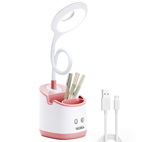 Lampe de Bureau LED avec Veilleuse Lampe de Table Lampe de Chevet Enfant Lampe de Lecture Dimmable Desk Lamp pour Étudier, USB Rechargeable, Porte Stylo & Téléphone, Col de Cygne Flexible (Rose)