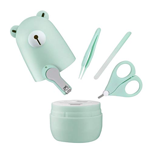 Binchil Kit de Manicura para BebéS con Forma de Oso, Caja Fuerte, Tijeras, Pinzas y Lima de U?As (4 Piezas), Juego de Cuidado de U?As para ReciéN Nacidos,Ni?Os(Verde Claro)