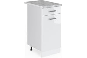 Vicco Kitchen base cabinet Raul, White High Gloss/White, 40 cm with worktop