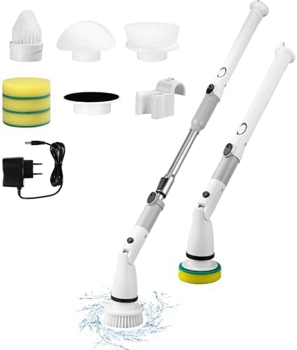 FAOKZE Cepillo de Limpieza eléctrico, Usando batería de Litio de 4000 mAh, Material ABS, Cepillo de Limpieza inalámbrico con 6 Cabezales reemplazables,Mango Ajustable para baño, Cocina,Coche