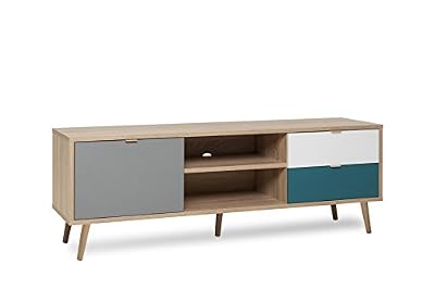 Générique CUBA Meuble TV scandinave décor chene, gris, blanc et bleu pétrol - L 150 cm