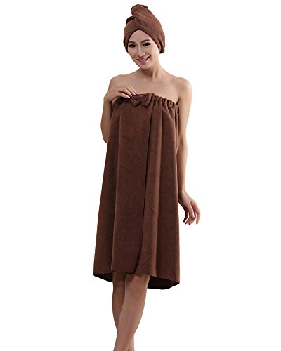ZiXing Douce Bowknot Serviette de Bain Spa En Microfibre Super Soft Absortant Protable pour Femme Serie de Robe Tube Avec Bonnet de Douche café OneSize