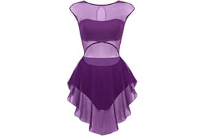 Alvivi Women's Lyrical Modern Ballet Dance Dress Sleeveless Asymmetric Mesh Leotard Dress Latin Dance Costume