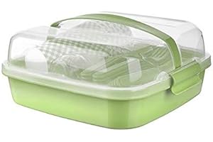 BEFA Picnic Set for 6 People, BPA-Free Healthy Plastic, Plastic Cutlery Fork, Knife, Spoon, Plate, Mug, Salt Shaker, Picnic Basket, Picnic Bag (Green)