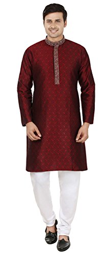 Jacquard di Seta Ricamato Mens Kurta Pajama India Abbigliamento (Maroon, S)