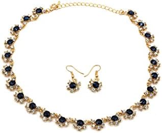 Ocean Fashion Classic crystal necklace earrings set (Gold blue, brass)