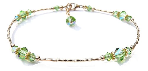 DAMALI 14k Gold Filled Anklet Swarovski Crystal Ankle Bracelet Simulated Birthstone Green Peridot August Med-9.5 In