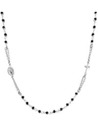 Rosario collana girocollo in argento 925 rodiato con perline nere - Croce e Medaglietta Madonna - Linea Italia gioielli Made in Italy