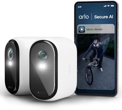 Arlo Essential 3 XL Telecamera WiFi Esterno Senza Fili, 2K, Telecamera WiFi Interno, Batteria Da 24 Mesi*, Sirena Allarme Casa, Sensore Di Movimento, Prova Inclusa Secure, 2 Telecamere, Bianche