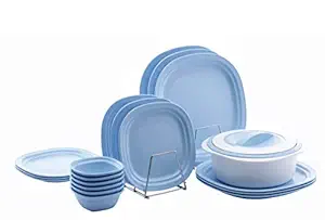 K3 Plastic Dinner Set Plain Matt Color - 1.5L Casserole, Side Plate 6 Pieces, Bowl 6 Pieces, Serving Spoon 1Pc - 21 Pieces (Sky Blue)