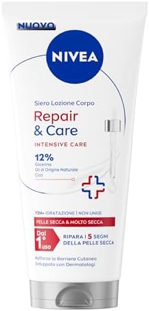 NIVEA Repair & Care Siero Lozione Corpo 200 ml, Siero corpo idratante 72h, Con 12% Glicerina, Oli di Origine Naturale e Cica, Adatto per bambini 3+ anni, Per pelle sensibile, secca e molto secca