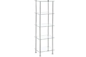 Modernique Glass Shelf Tier Storage Unit, Rectangular in Black or Clear Glass with Chrome Stand, Shelving Unit (Clear, Tier 5)