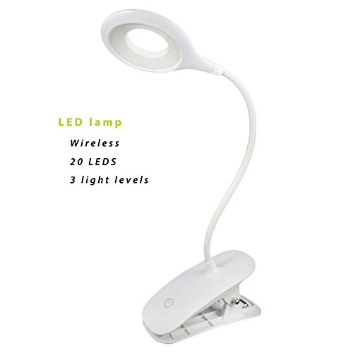 Lámpara LED de escritorio. Luz led con 3 modos de brillo e intensidad Flexo LED recargable. Lámpara LED táctil con pinza para lectura y cuello flexible 360º. Ideal para el estudio y/o lectura.