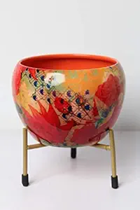 Homace International Flower Printed Orchid Pot with Stand (Multicolor)