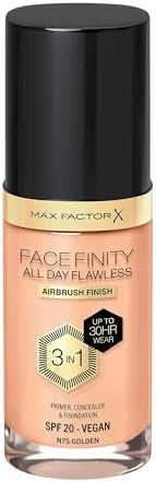 Max Factor Fondotinta Facefinity All Day Flawless – Correttore, Fondotinta liquido e primer viso 3-in-1, Formula vegan, Copertura modulabile, Tenuta fino a 30 ore, SPF20 – N75 Golden, 30 ml