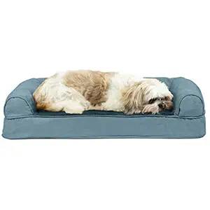 Furhaven Pet Plush & Suede Cooling Gel Top Sofa Pet Bed, Medium, Deep Pool