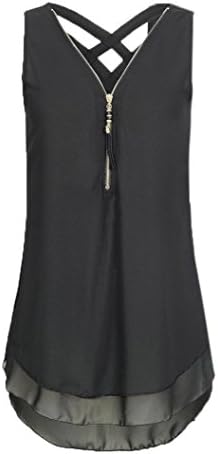 Kolylong Women Ladies Plain Tank Top Vest, Chiffon Sexy Sleeveless Camisole Cami Vest Plus Size Cross Back Hem Layed Zipper V-Neck T Shirts Tops (UK 20-22, Black)