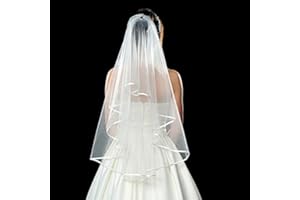 XINCHIA Wedding Bridal Veil with Comb Short Lace Simple Bride Veil 2-Tier Tulle Short Veil Satin Edge Women Girls Headpiece Party Accessories Costume Dress Up for Bridal Shower Bachelorette Hen Party