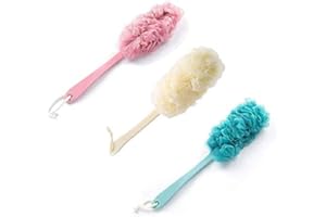 LOOPUNK Brosse de bain 3 pièces avec éponge et poignée longue en plastique Scrubber arrière maille bain éponge brosse pour accessoires de salle de bain pour hommes et femmes (rose, blanc, bleu)