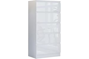 FWStyle 5 Drawer Tall Chest of Drawers Modern Furniture Scandinavian Style Matt White with White Gloss Drawer Fronts