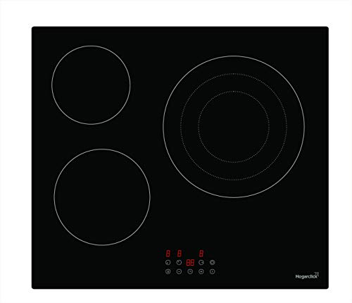 PLACA ELÉCTRICA DE 3 FUEGOS CON PAELLERO TRIPLE, ACABADO CRISTAL SIN MARCO. 200mm/1800W - 165mm/1200W - 150/220/280mm 1050/1950/2700W