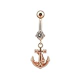 eeddoo Anker & Tau BAUCHNABELPIERCING mit Anhänger Rosegold - aus Hochwertigem Edelstahl - 1,6X 10 mm - Piercing Banane Kristall für Bellybutton Navel - Curved Barbell Bananabell Bauchnabelbanane