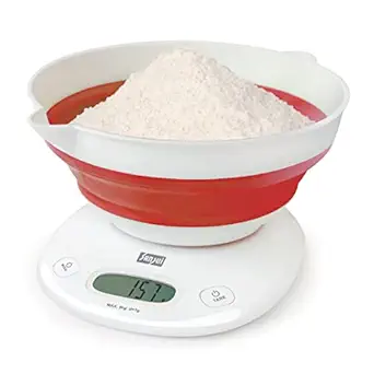 Sansui Digital Kitchen Scale with Large Foldable Bowl & Food Weight Machine for Health, Fitness, Home Baking & Cooking (5 kg, White-Red)