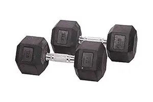 Body Maxx Hex Dumbbells 12.5 kg Pair, Rubber Dumbbell Set 12.5kg, Black Rubber Coated Dumbbells with Steel Grip Home Gym Fitness