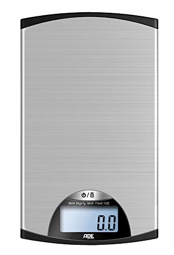 ADE Báscula de cocina digital KE850 Kylie. Pese con precisión hasta 5Kg. Tara. Electrónica y ultradelgada. Superficie de pesado en acero inoxidable. Incluye baterías. Color Plata