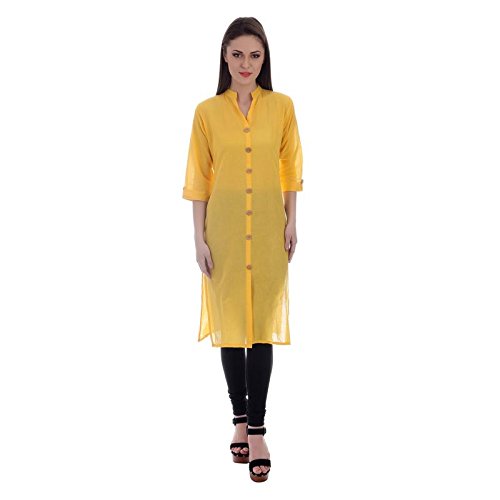 INARA ROBES Yellow Solid Front Buttons Cotton Kurta