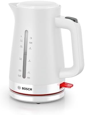Bosch Bollitore Elettrico TWK3M121, Capacità 1.7 L, Spegnimento Automatico, Riscaldamento Rapido, Filtro Anticalcare Removibile, Indicatore Livello dell'Acqua Esterno, Facile da Pulire, Bianco