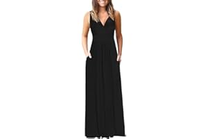 AUSELILY Maxikleid Damen Sommer ärmellos Kleid Lang Elegant tiefem V-Ausschnitt Abendkleid mit Taschen