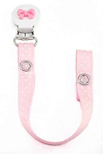 pacifier soother dummy holder clip for Baby girl - (baby pink polka dots -white round pink small bow)