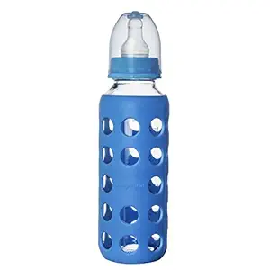 NAUGHTY KIDZ Premium Warmer Glass Feeding Bottle with 2 Ultrasoft Nipple and Bottle Warmer (Blue)-240ML