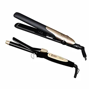 VEGA Miss Dazzle Styling Set, Hair Straightener With Ceramic Coated Plates & 19 Mm Barrel Hair Curler Combo (VHSS-02), Black