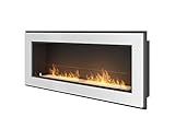 Biochimenea Cobre 120 cm x 49 cm, blanco/negro mate con cristal protector. Biochimenea horizontal, fabricada en acero pintado con pintura resistente al calor de color negro mate.