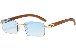 kachawoo Lunettes de soleil sans monture sans monture femmes mode lunettes de soleil avec jambes en bois d'imitation bleu vert Uv400 lentille Rectangle pare-soleil hommes