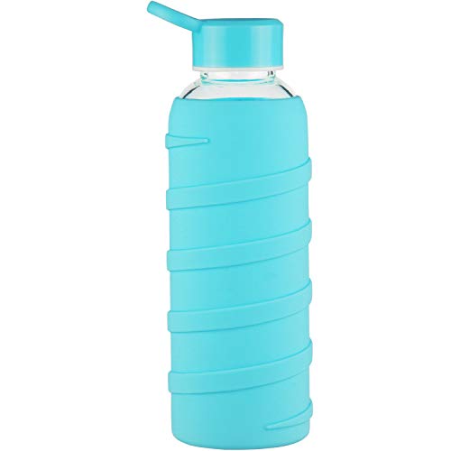Ferexer Botella de Agua de Cristal Borosilicato con Funda de Silicona Sin BPA 480 ml Cian