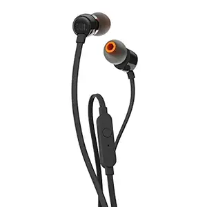 JBL T110 by Harman In-Ear Headphones with Pure Bass, Mic & Tangle Free Flat Cable (Black)