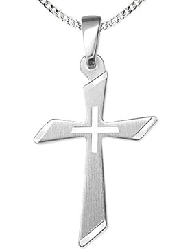 CLEVER SCHMUCK-SET Silberner Anhänger kleines Kreuz 18 mm seidenmatt diamantiert und schräg abgerundete elegante...