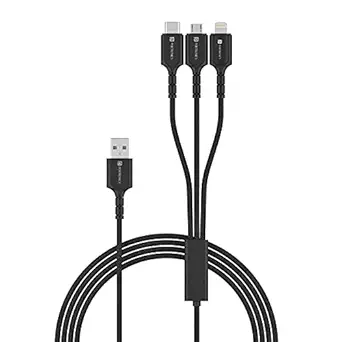 Portronics Konnect A Trio 3-in-1 Multifunctional Fast Charging Cable 3.0 A 1.5 m for Micro USB for iOS and Type C Mobile Phones (Black)