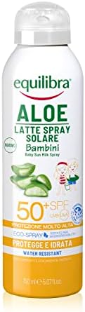 equilibra Solari, Aloe Latte Spray Solare Bambini Spf 50+, Latte Solare per Bambini con Aloe Vera, Olio di Cocco e Argan, Vitamina E, Protegge da Scottature e Eritemi Solari, Water Resistant, 150 ml