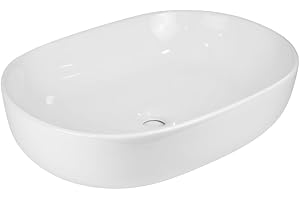 OGOMONDO Lavabo Da Appoggio Ceramica Bianco Ovale Arredo Bagno Lavandino 60x40x15 Cm Con Foro Scarico Centrale (Lucido)
