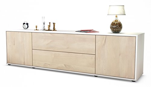 Stil.Zeit TV Schrank Lowboard Aquilina, Korpus in Weiss Matt/Front im Holz-Design Zeder (180x49x35cm), mit Push-to-Open Technik und Hochwertigen Leichtlaufschienen, Made in Germany